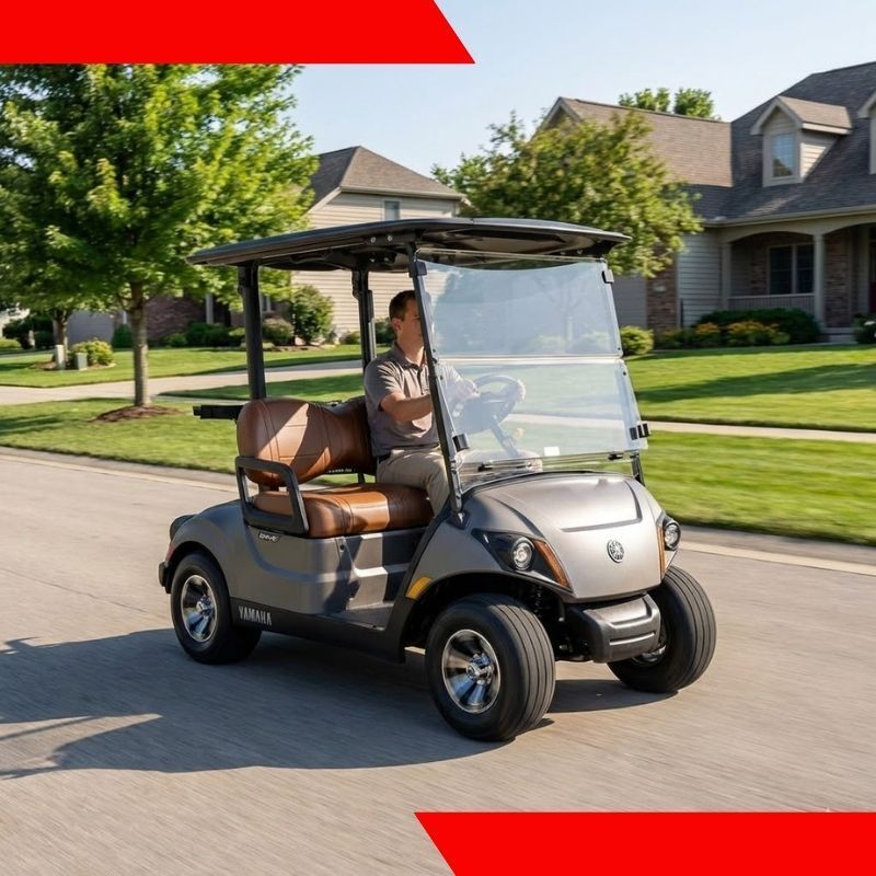 Person driving a tan golf cart on a sunny suburban street lined with houses and trees