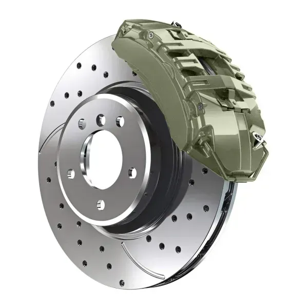 A ventilated, cross-drilled automotive brake disc with a pale green brake caliper.