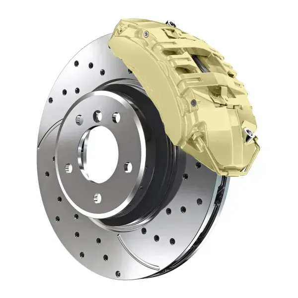 A perforated, cross-drilled metal car brake disc paired with a large, beige-colored high-performance brake caliper.