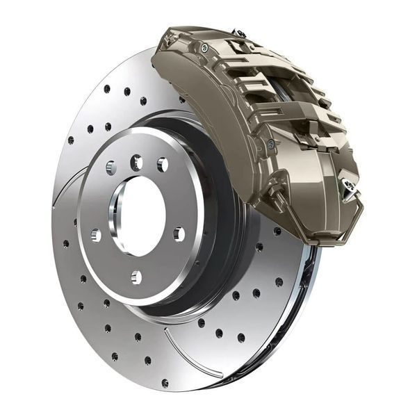 A high-performance drilled and slotted vehicle brake disc with a large, metallic-toned brake caliper.