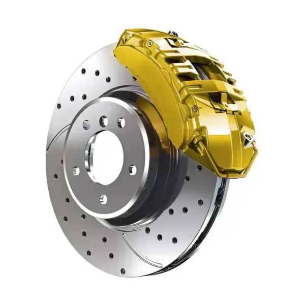 A yellow high-performance brake caliper mounted on a ventilated and cross-drilled metal brake disc.