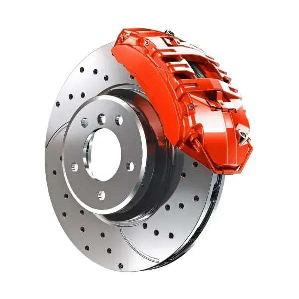 A metallic, cross-drilled automotive brake rotor with a bright red caliper assembly.