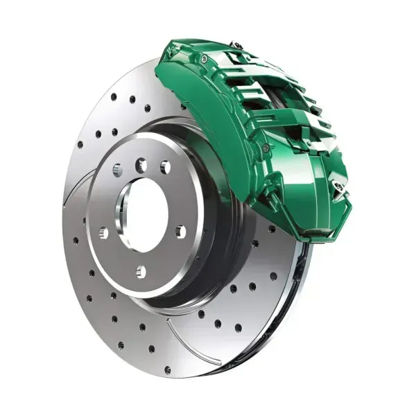 A shiny, silver, drilled disc brake with a bright green high-performance brake caliper.