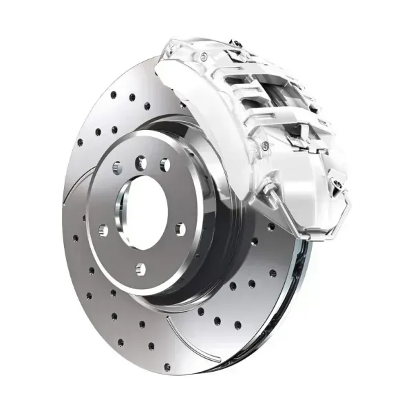 A chrome-colored, perforated vehicle disc brake rotor with a mounted brake caliper, isolated against a white background.