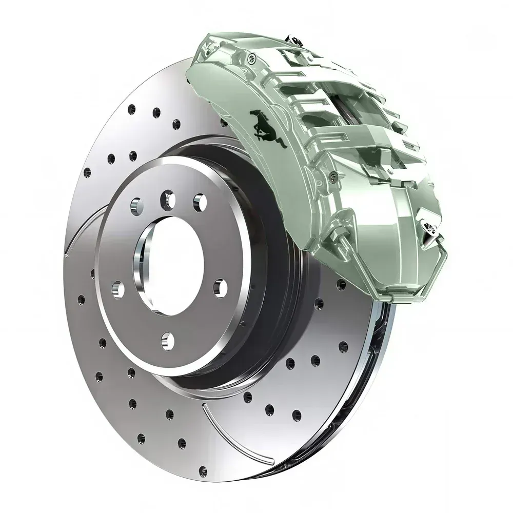 A silver ventilated disc brake with a pale green brake caliper featuring a black Ferrari logo.