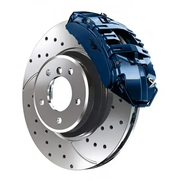 A blue car brake caliper mounted over a silver, drilled and slotted brake disc rotor.
