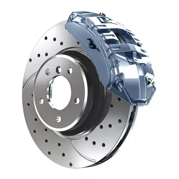A metallic, perforated disc brake with a blue caliper featuring a horse emblem on a white background.