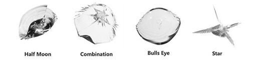 Four types of windshield cracks labeled Half Moon, Combination, Bullseye, and Star.