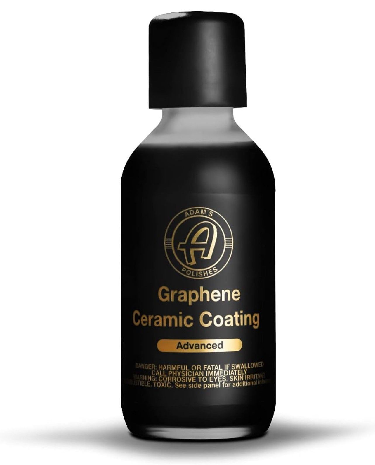 A black bottle of Adam’s Polishes Graphene Ceramic Coating Advanced with gold lettering against a white background.