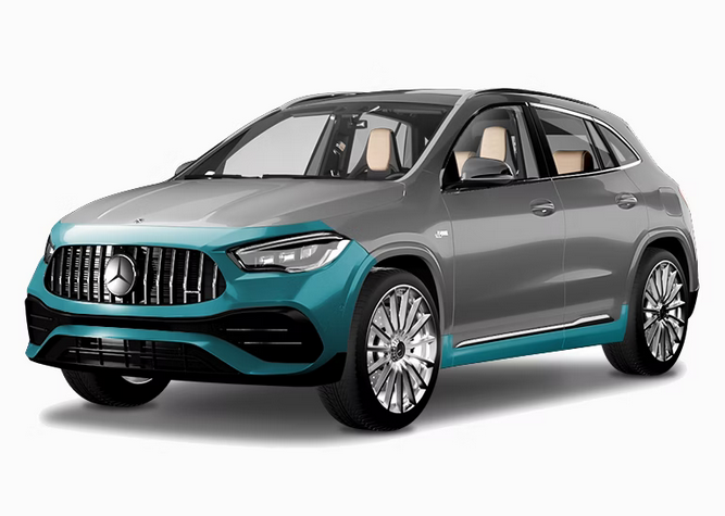A grey Mercedes-Benz GLA SUV with teal accents on the front bumper and side skirts against a white background.