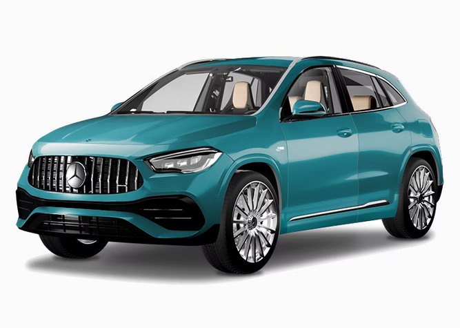 Teal Mercedes-Benz AMG GLA SUV shown from a front three-quarter angle against a plain white background.