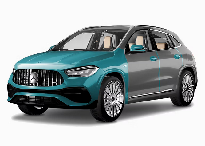A two-tone Mercedes-Benz GLA SUV, colored teal in the front and grey in the back, against a white background.