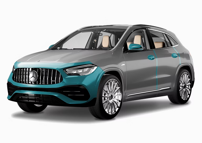 A grey Mercedes-Benz SUV with teal accents on the front bumper and side mirrors, displayed against a white background.