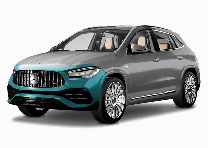 A gray Mercedes-Benz GLA SUV viewed from the front-quarter angle, with the front fascia highlighted in teal.