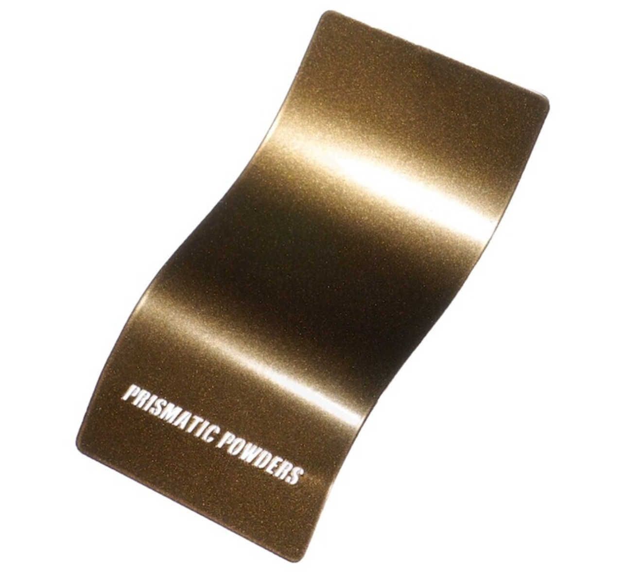A curved metal swatch in a shimmering bronze metallic finish, branded with the 