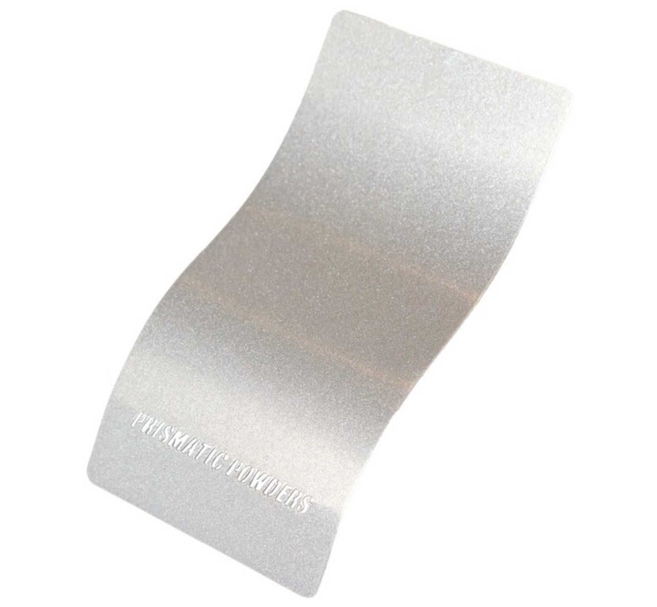A silver metallic powder coat sample chip with a textured, shimmering finish.