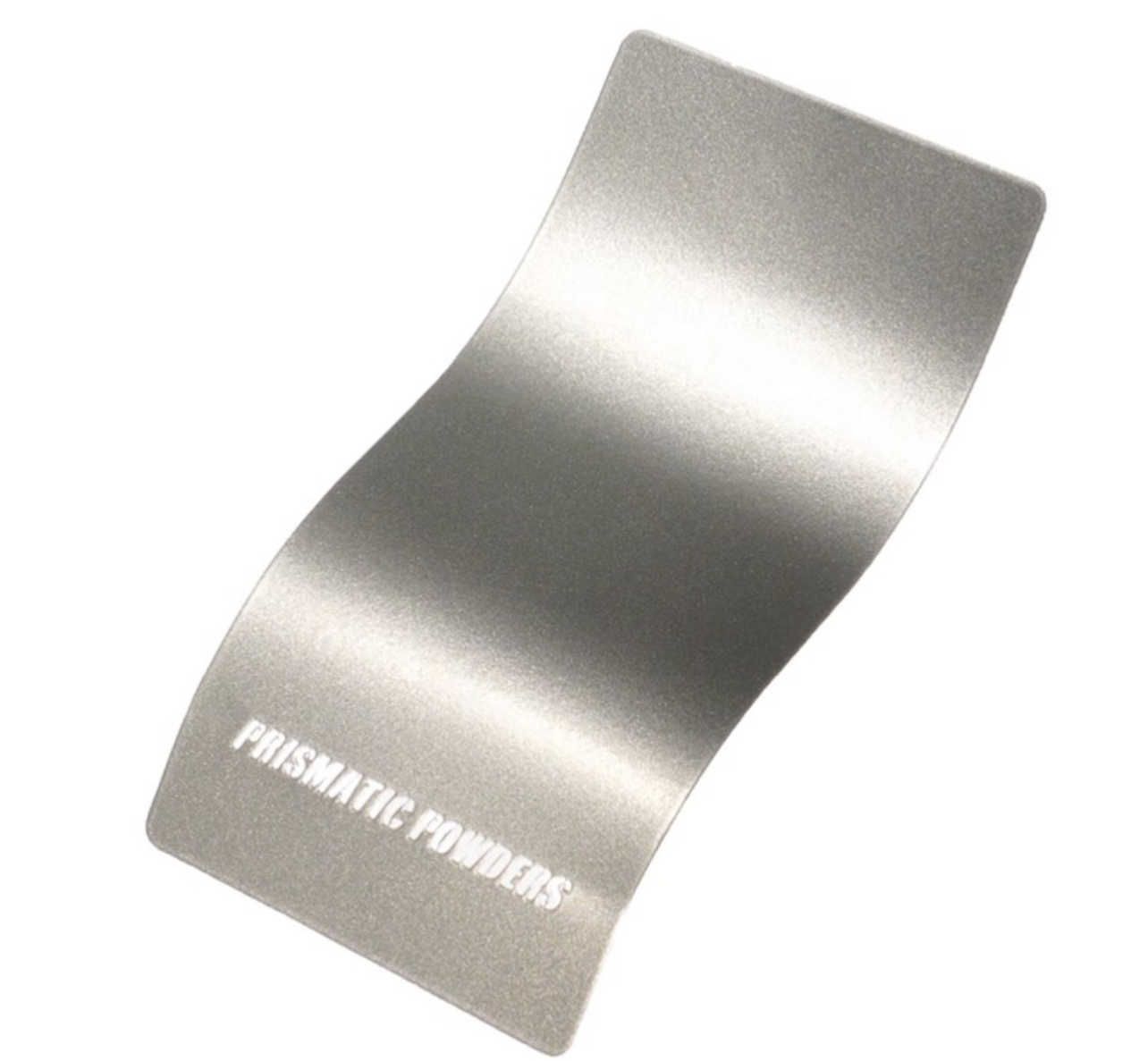 A curved metal swatch with a metallic, silver-grey finish, labeled with the brand name 