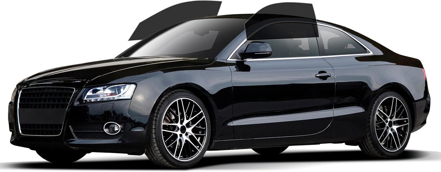 A black Audi coupe with aftermarket wheels and tinted windows, viewed from the front-quarter angle.