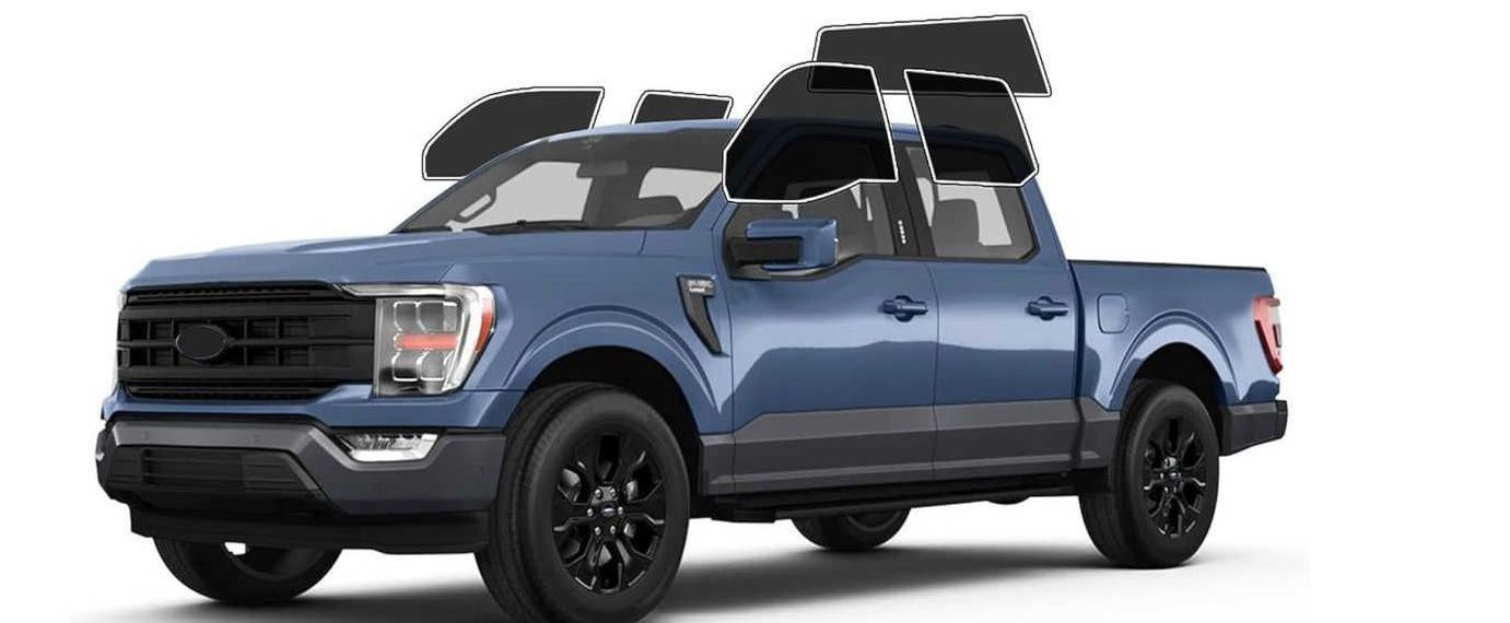 A blue Ford F-150 crew cab pickup truck with black trim and wheels, shown on a white background.