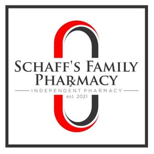 Schaff's Family Pharmacy logo with red, black, and gray stylized pill icon and independent pharmacy text
