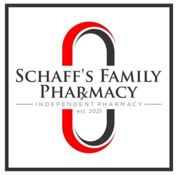 Schaff's Family Pharmacy logo with red, black, and gray stylized pharmacy symbol and text on white background