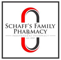 Schaff's Family Pharmacy logo with red, black, and gray stylized pharmacy symbol and text on white background