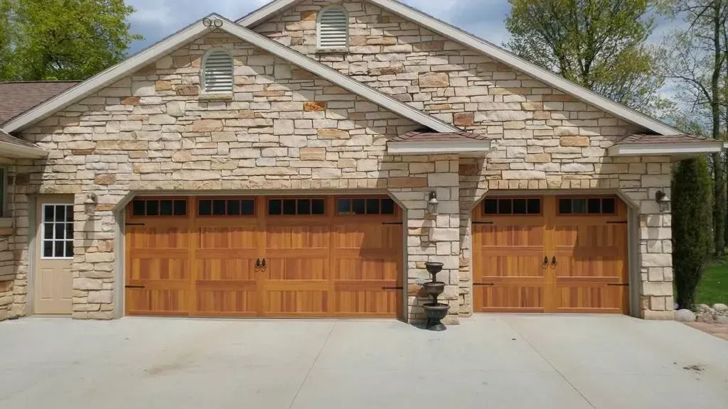 Stone-clad garage with two wooden doors. A small fountain stands between the doors.