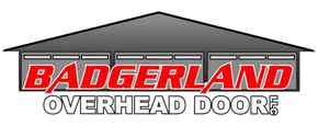 Logo for Badgerland Overhead Doors, featuring a red and white logo over a gray garage.