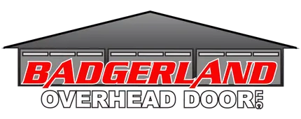 Logo for Badgerland Overhead Doors, featuring a red and white logo over a gray garage.