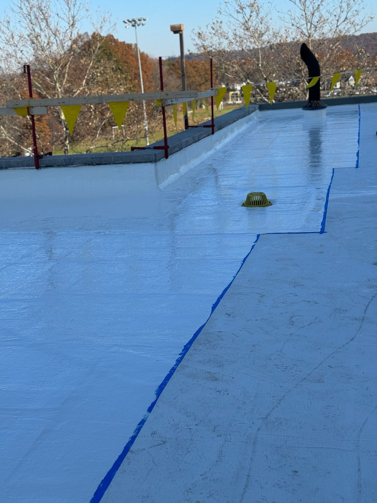 A white ice rink with blue lines and yellow flags