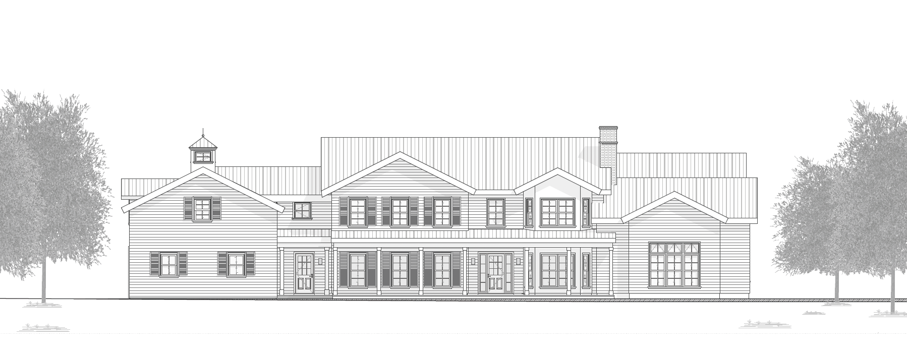 A black-and-white architectural elevation drawing of a multi-sectioned suburban house flanked by two trees.