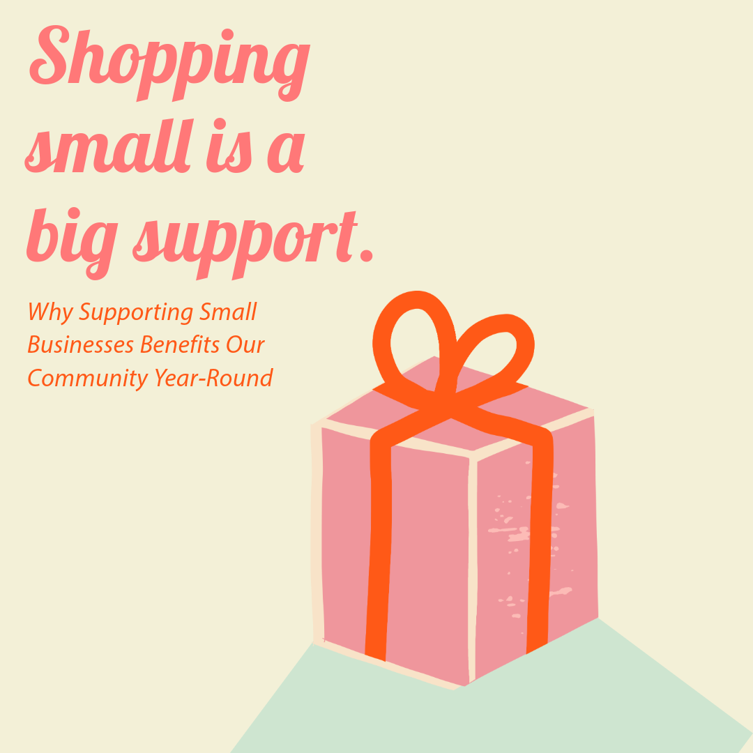 Pink gift box with an orange ribbon on a mint-green surface, text: 