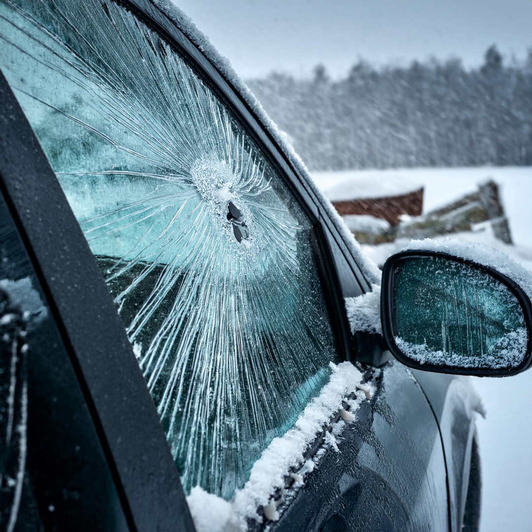 Broken car window covered in ice and snow. Snowy outdoor setting.