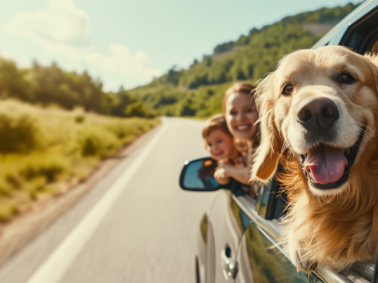 Golden retriever and family enjoying a road trip, heads out the car window, sunny day.