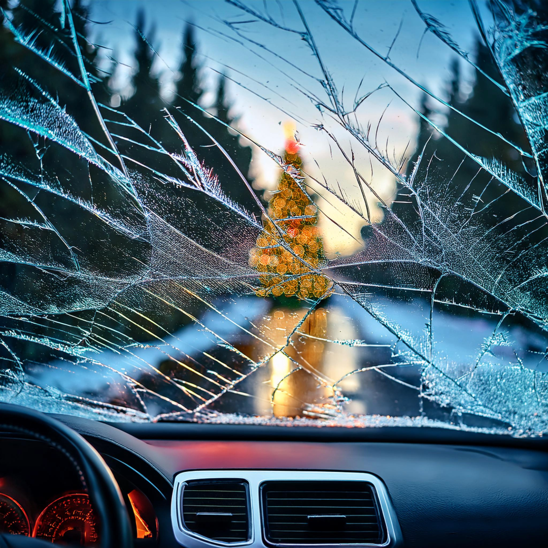 Cracked car windshield with blurry Christmas tree in background. Dashboard visible.