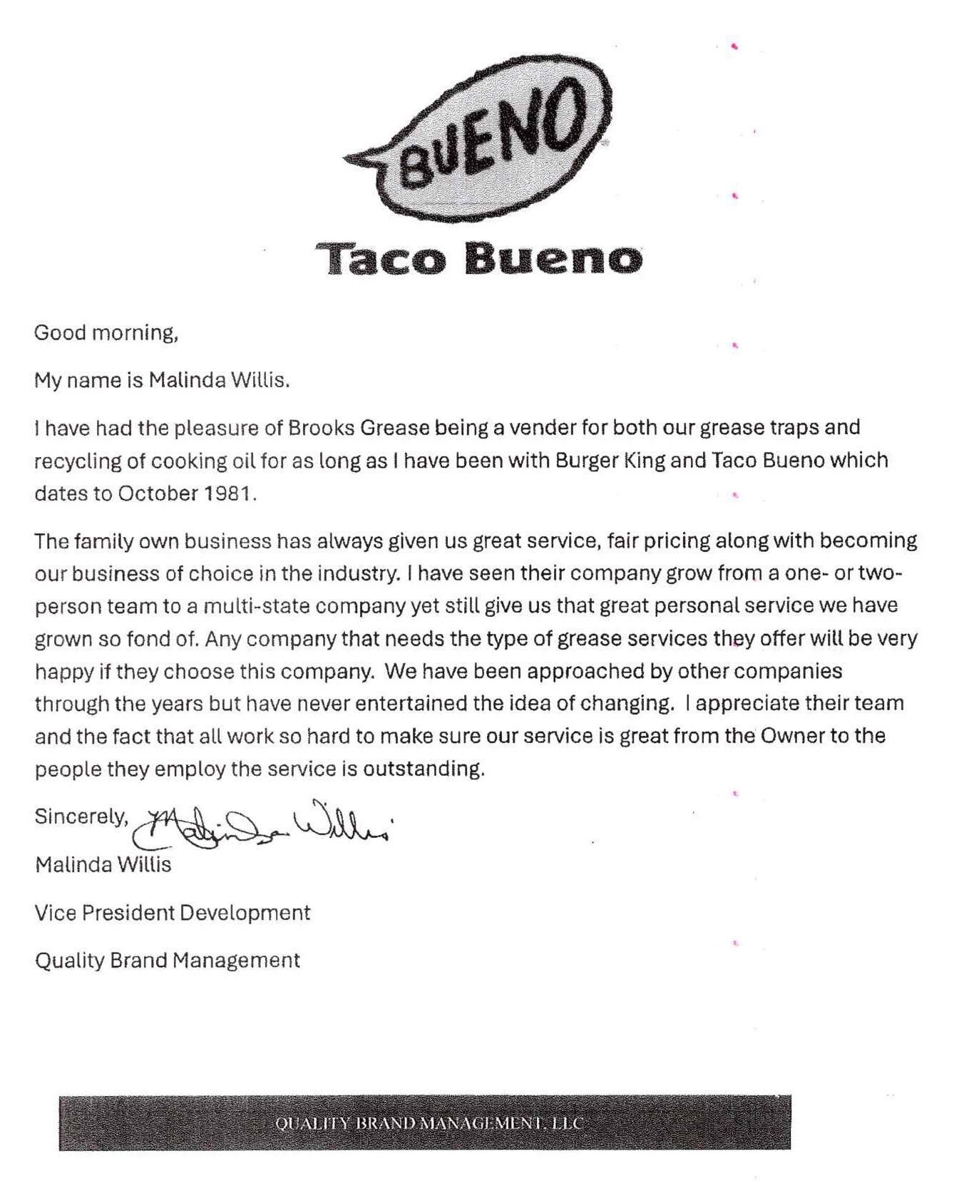 Letterhead from Taco Bueno with a handwritten letter; person named Matilda Willis.