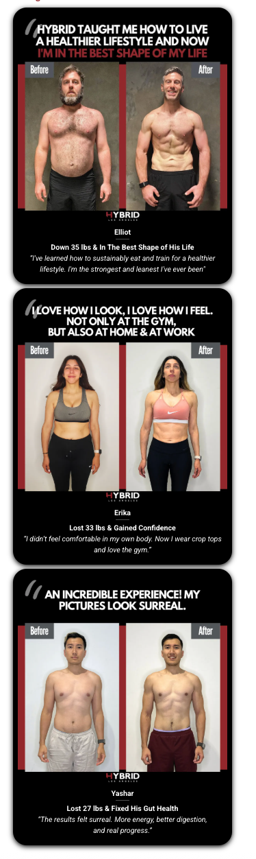 Weight loss before-and-after photos of three people. Each set shows a man or woman with a more toned physique after the change.