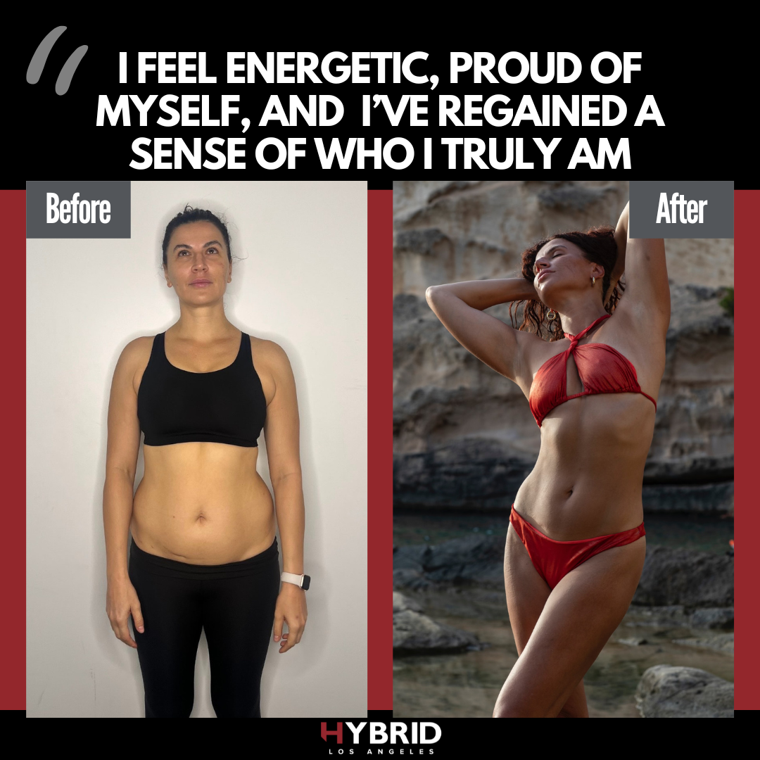 A before and after photo of a woman.