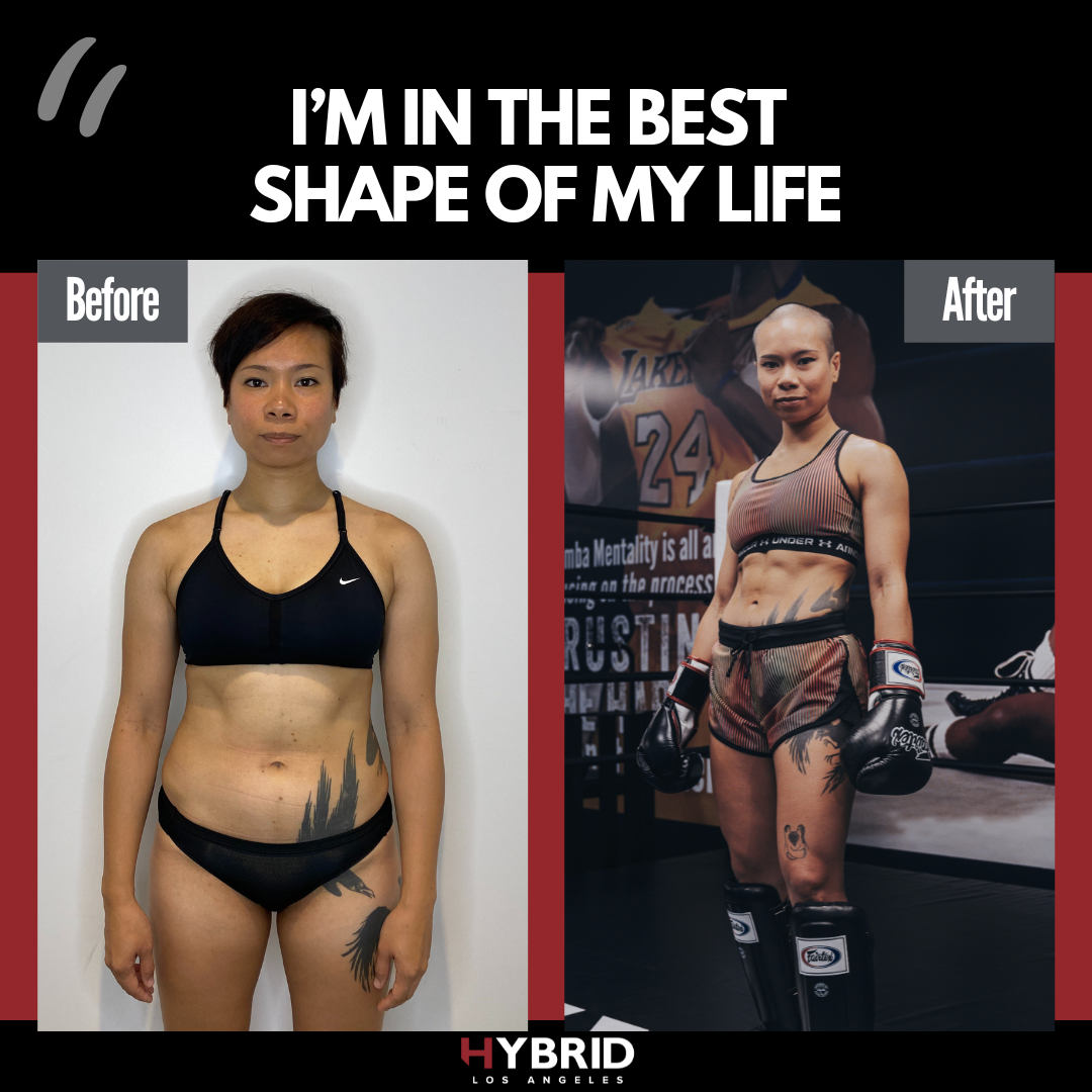 A before and after photo of a woman.