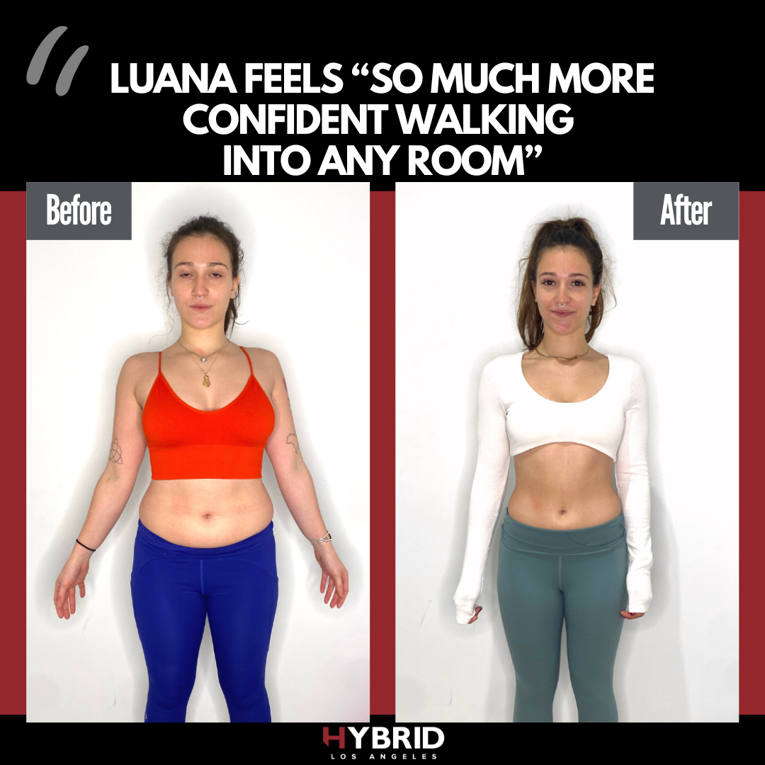 A before and after photo of a woman.
