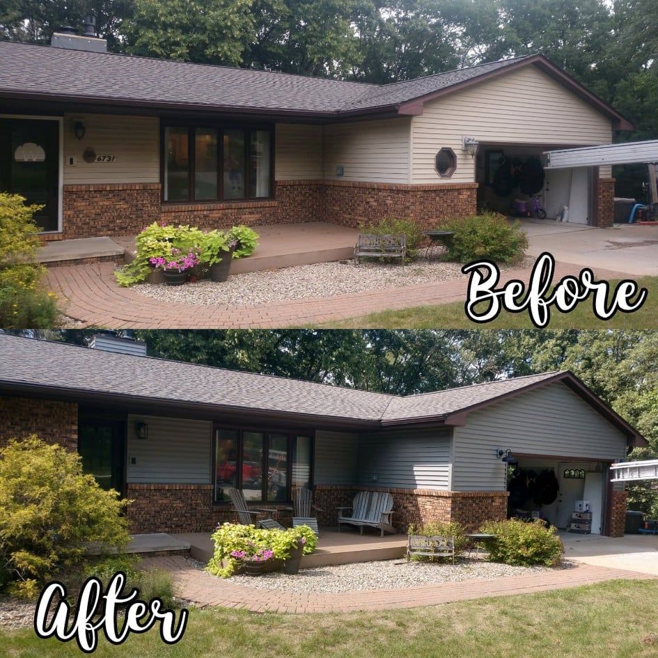 A before and after picture of a house with a roof.