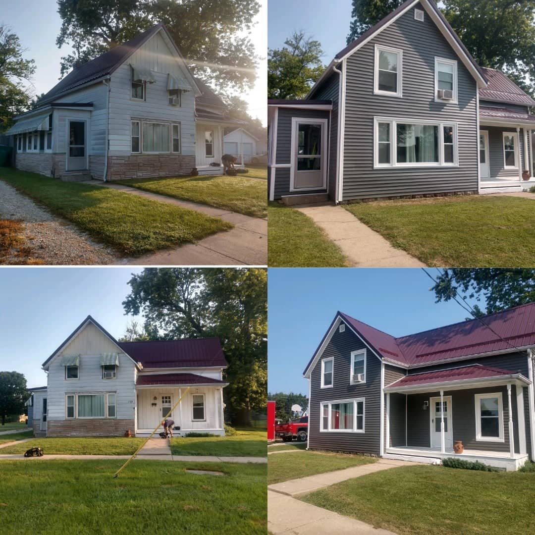 A collage of four pictures of houses before and after being painted