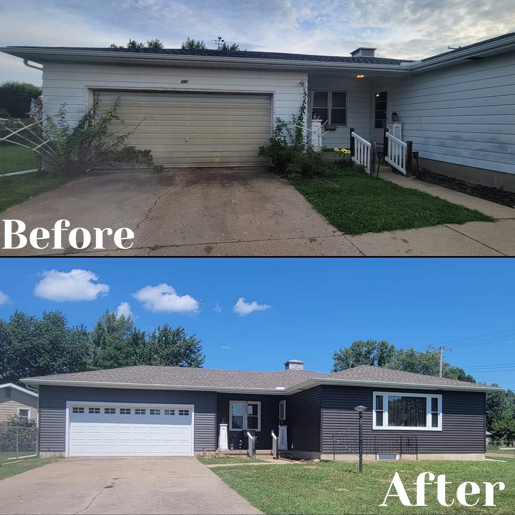 A before and after picture of a house with a garage