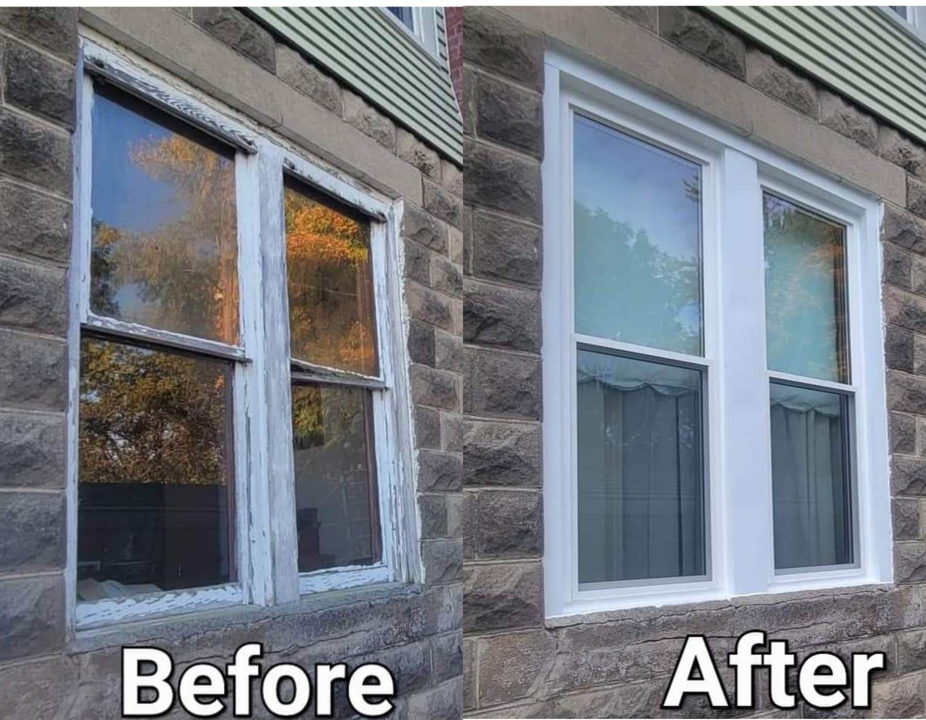 A before and after picture of a window on a brick building.