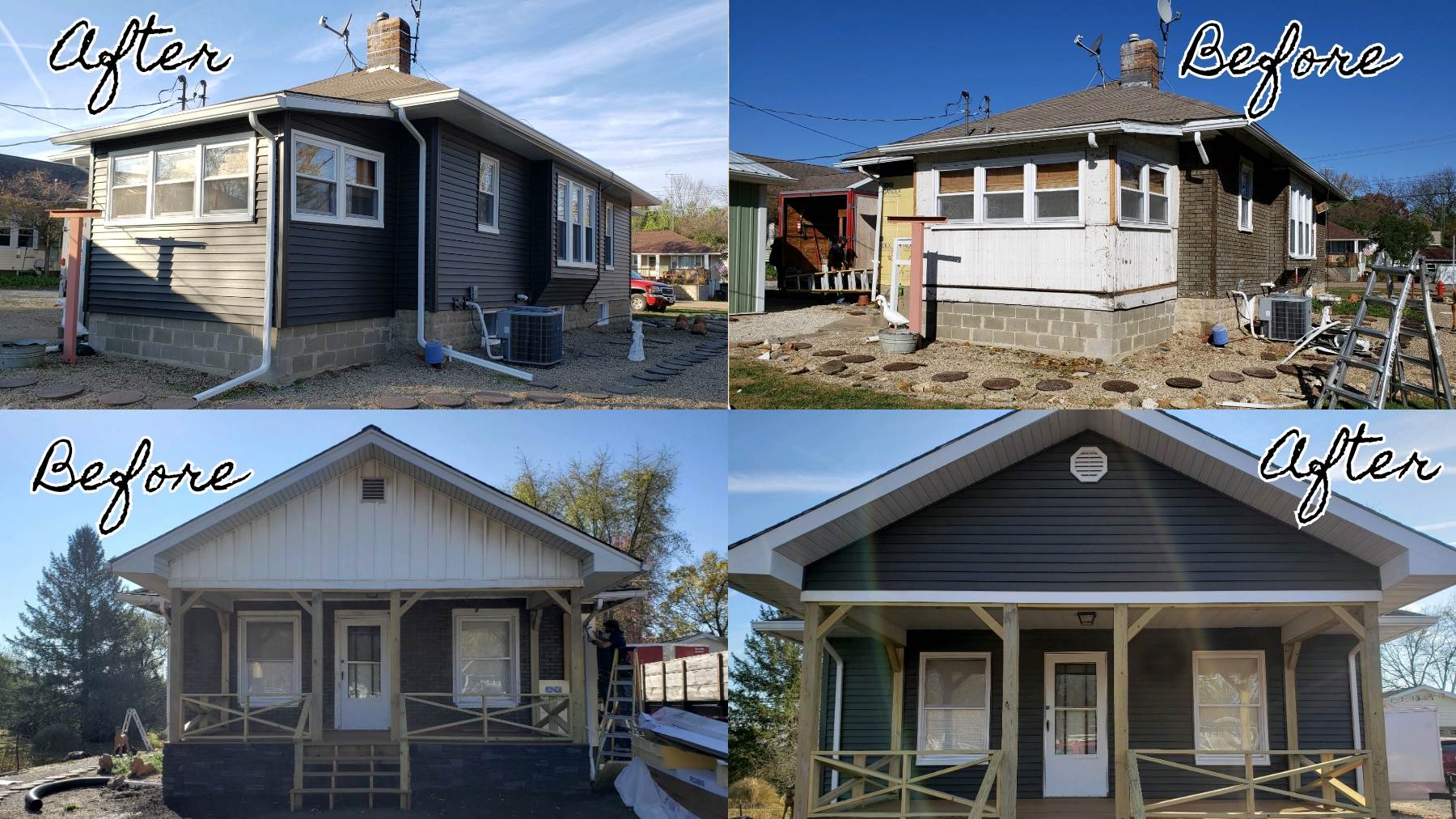 Four pictures of a house before and after being remodeled