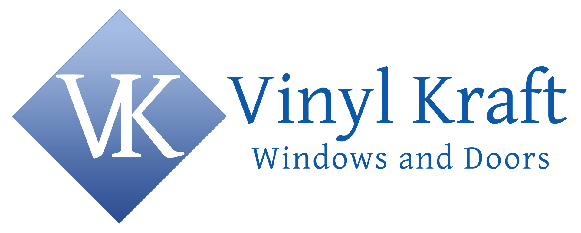 A blue and white logo for vinyl kraft windows and doors