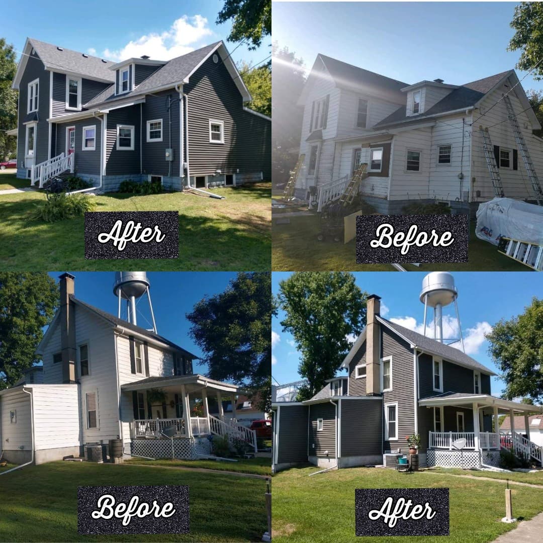 A before and after picture of a house with a water tower