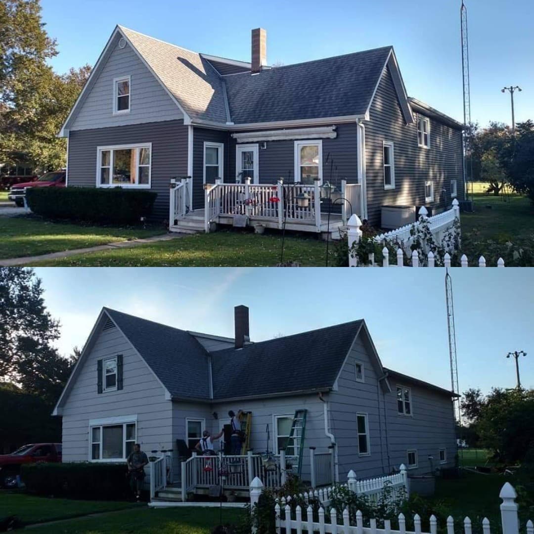 A before and after picture of a house with a white picket fence