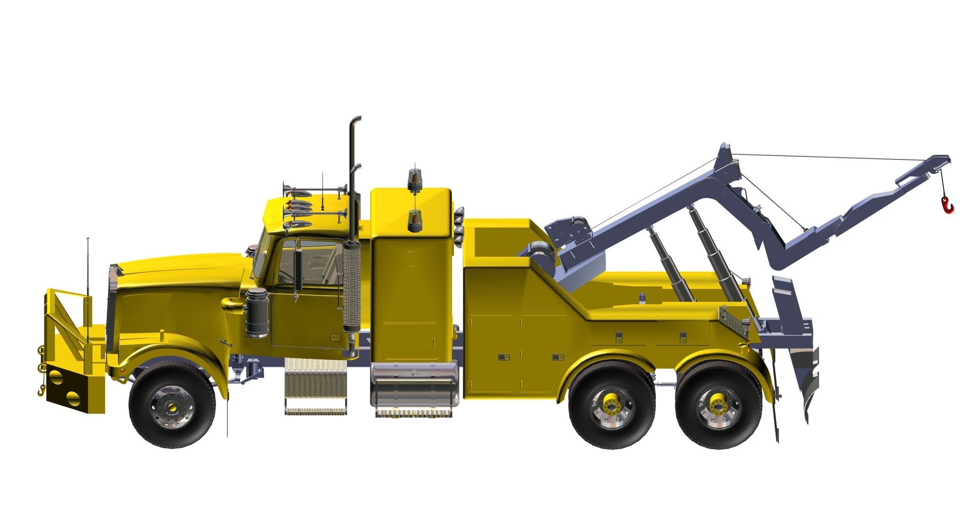 A yellow heavy-duty tow truck with an extended boom crane, viewed from the side against a white background.
