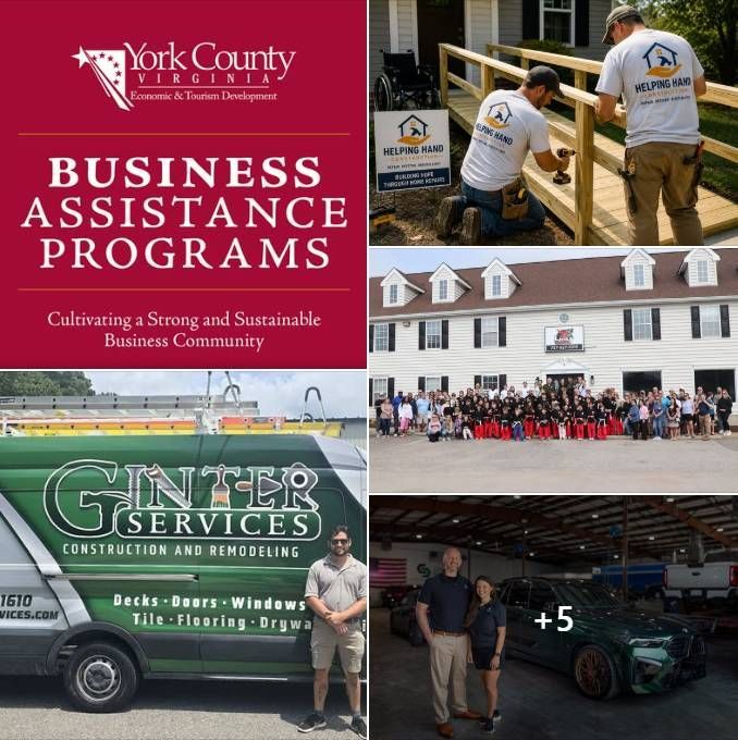 York County Business Assistance Program collage with service van, group photo, workshop, and local businesses